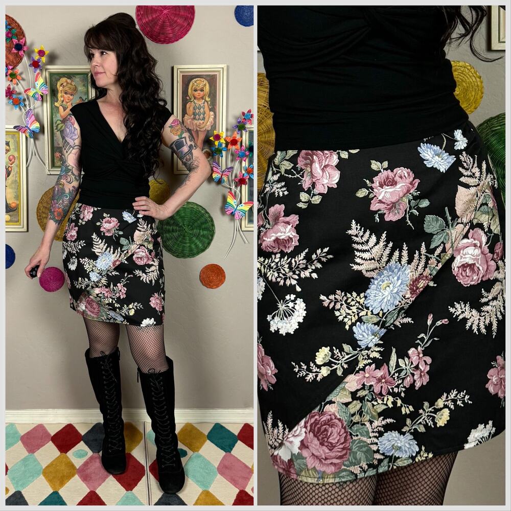 Vintage 1980s Floral Cotton Faux Wrap Mini Skirt